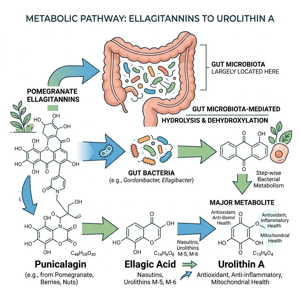 Illustrated diagram showing the metabolic conversion pathway from pomegranate ellagitannins through gut bacteria to urolithin A