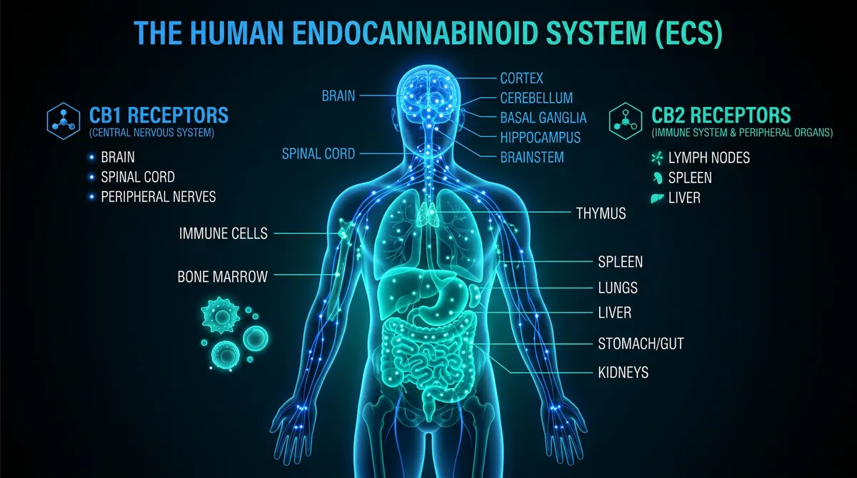 Scientific illustration of the human endocannabinoid system showing CB1 and CB2 receptor locations throughout the body