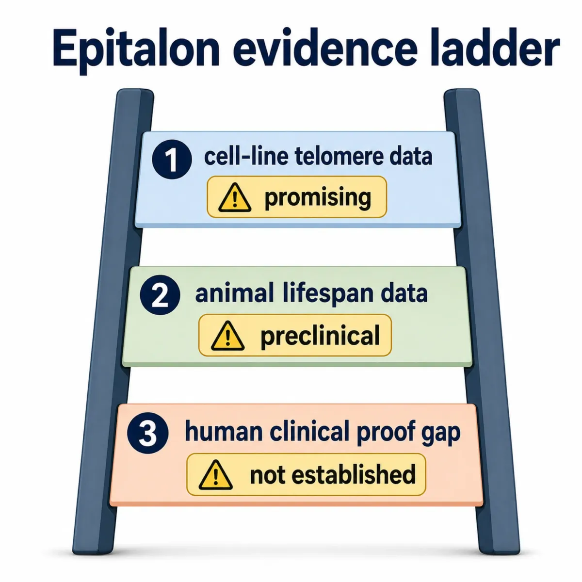 Infographic showing the evidence ladder from Epitalon cell studies to missing human proof