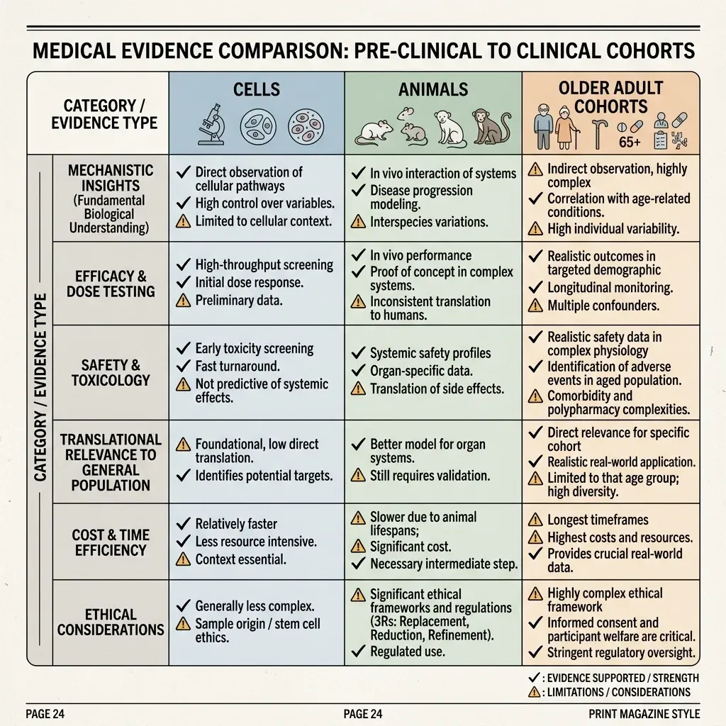 Evidence ladder comparing cell, animal, and human epitalon research