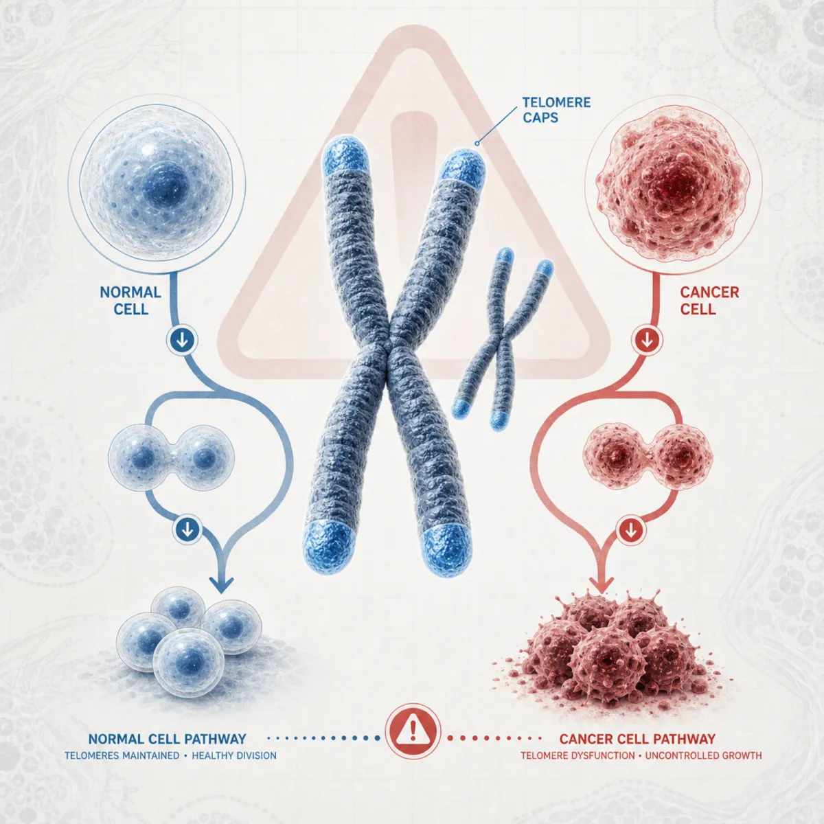 Telomere signaling illustration showing normal and cancer-cell caution paths