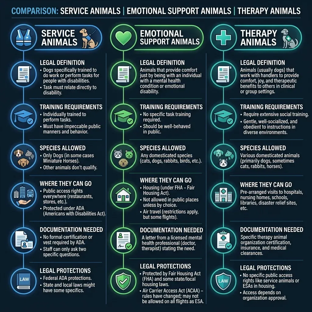 Comparison infographic showing key differences between service animals, emotional support animals, and therapy animals including training, access rights, and legal protections