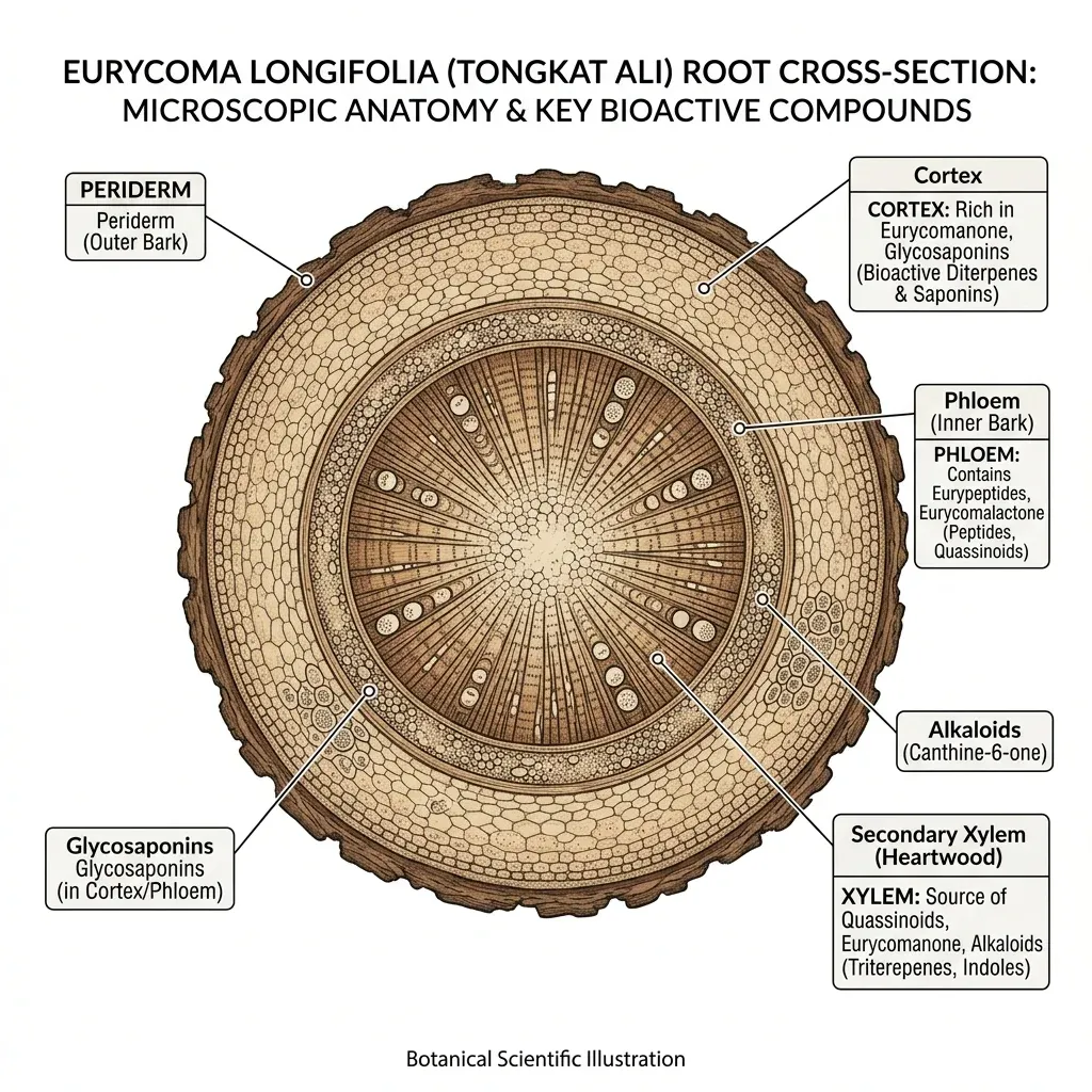 Cross-section illustration of tongkat ali root showing key bioactive compounds including eurycomanone and eurypeptides