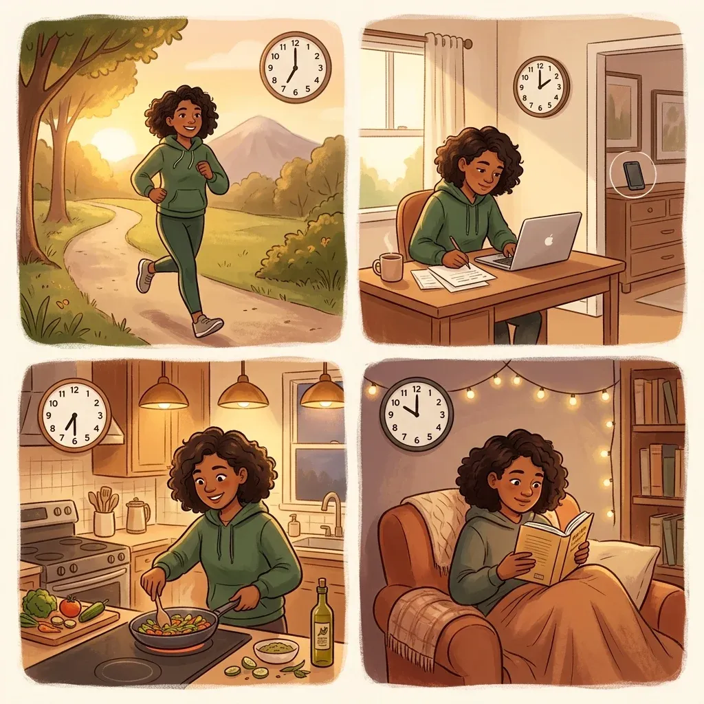 Illustration of evidence-based daily routine showing exercise, focused work, cooking, and reading as alternatives to screen time