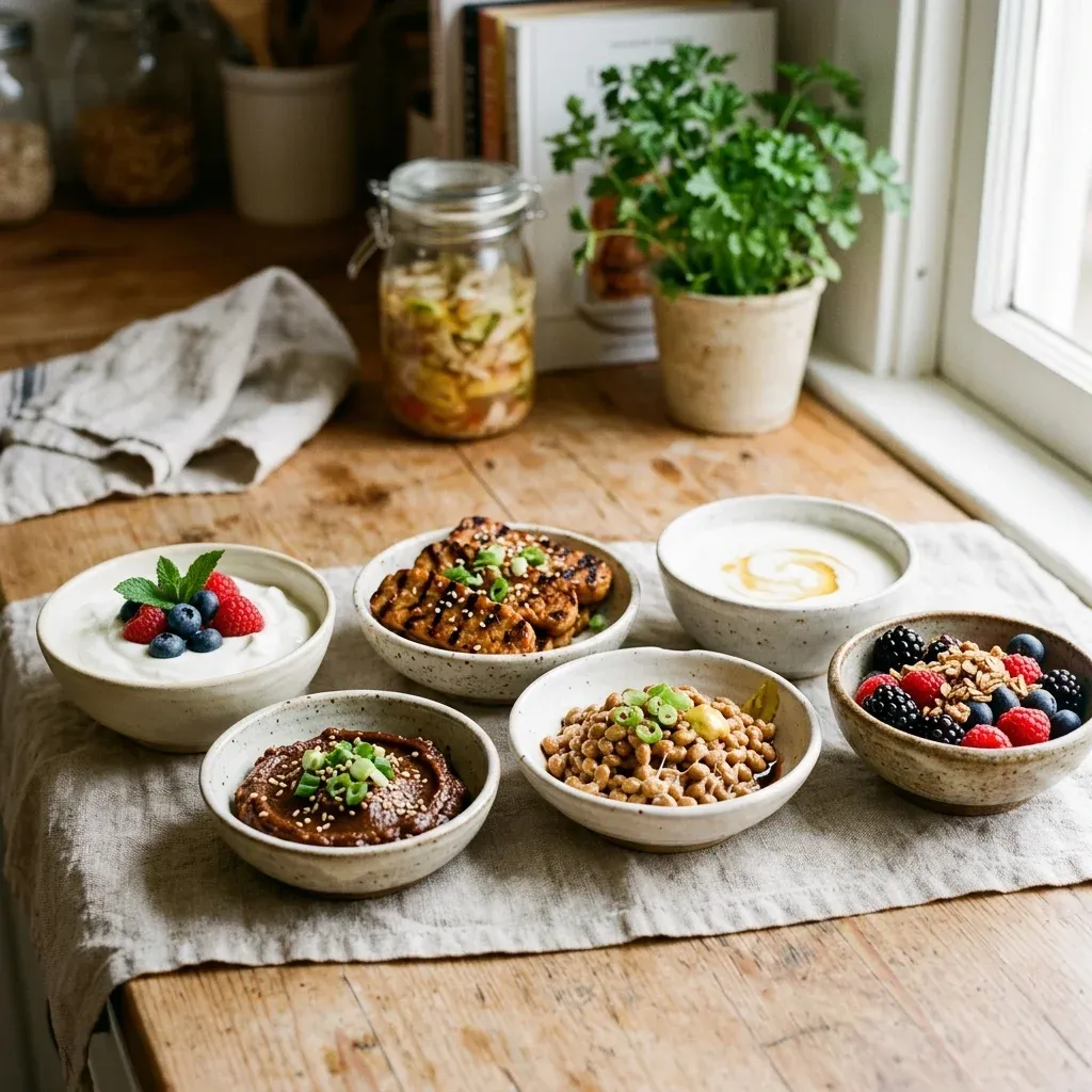 Fermented protein foods including yogurt, tempeh, miso, natto, and kefir