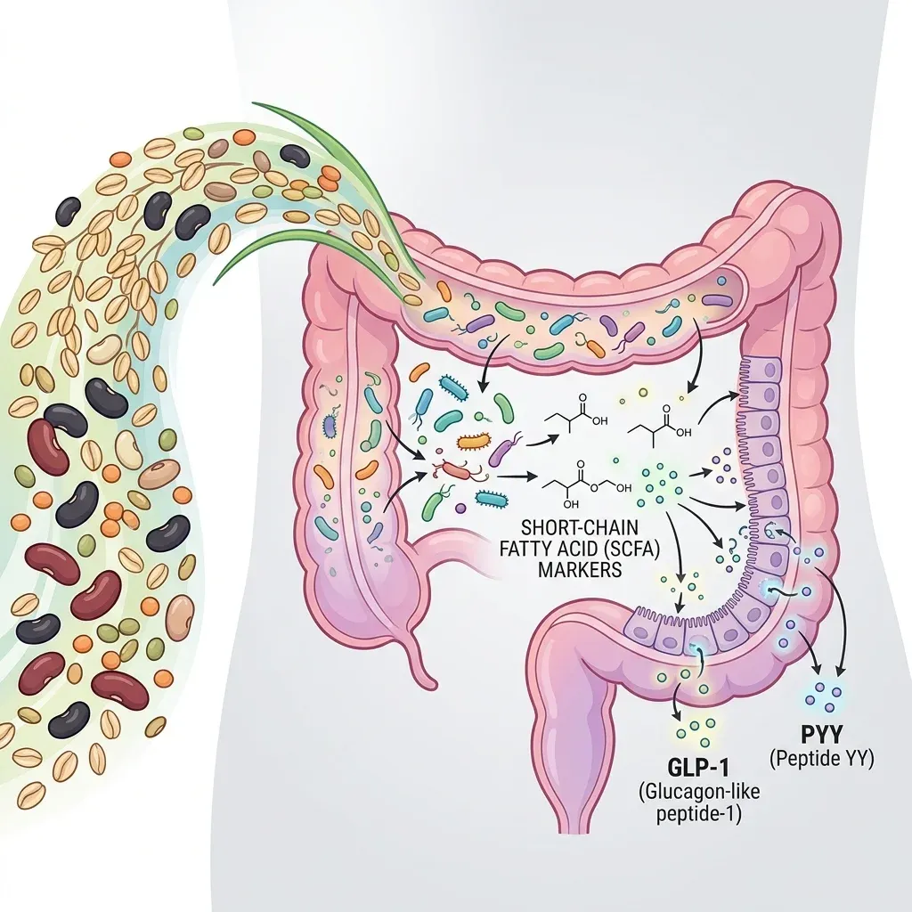 Fiber-rich foods feeding gut microbes that produce short-chain fatty acids linked to GLP-1 and PYY