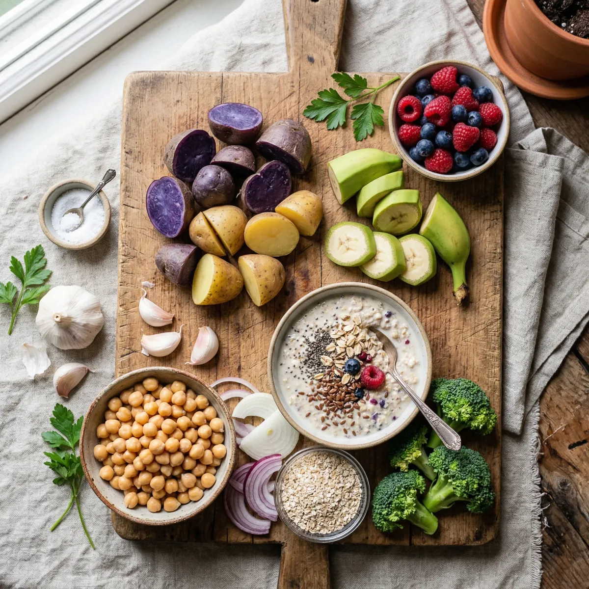 Arrangement of resistant starch and high-fiber foods including cooled potatoes, green bananas, oat bran, and chickpeas