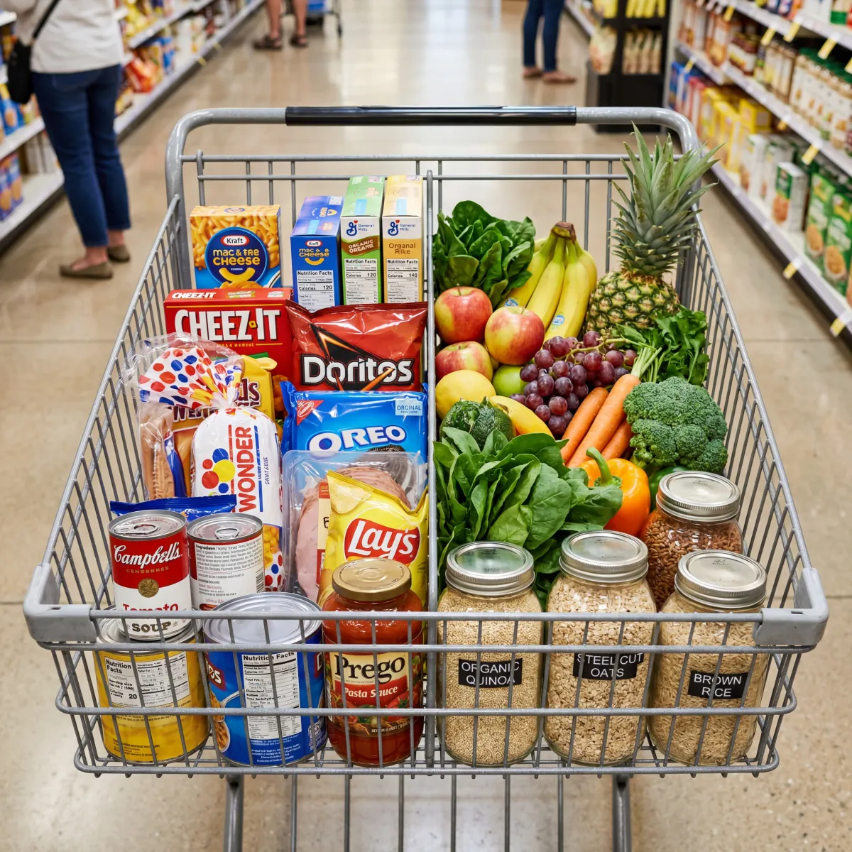 Close-up view of processed foods with ingredient labels showing common preservatives alongside fresh organic produce for comparison
