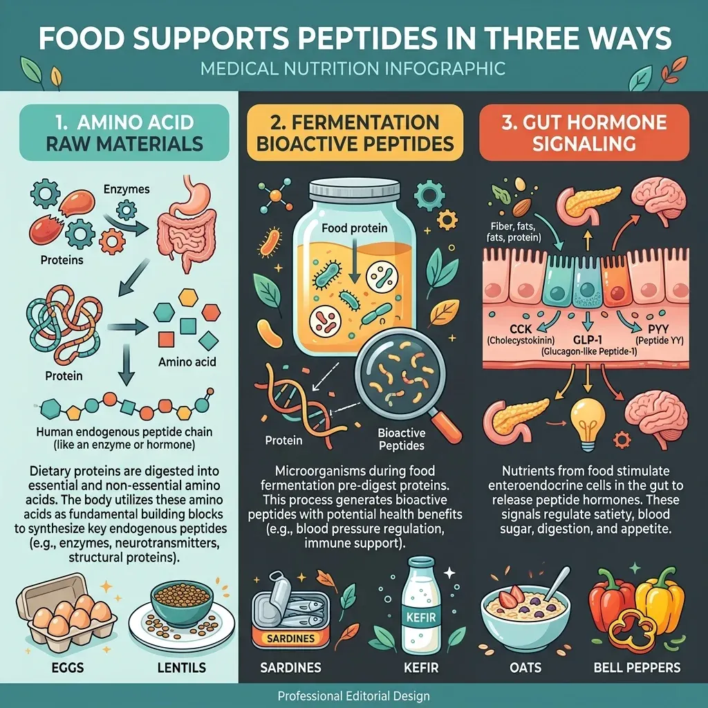 Infographic showing three ways food supports peptide biology