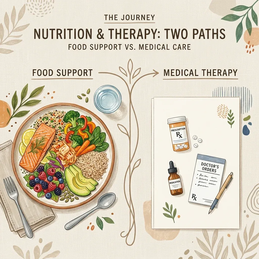 A visual contrast between food-based pathway support and medical therapy