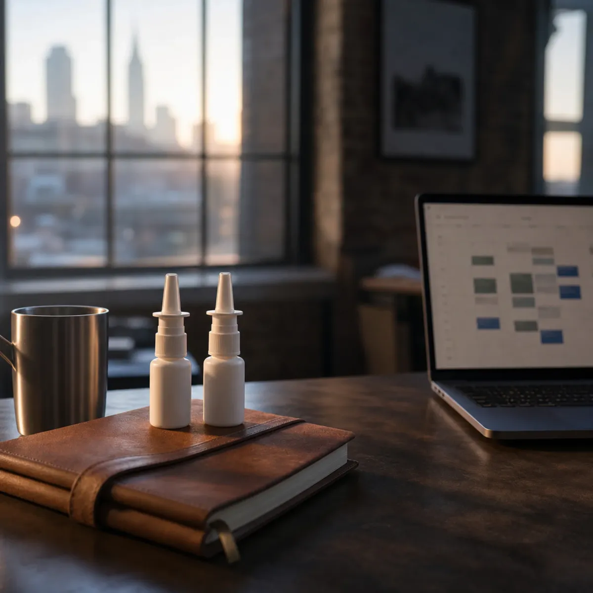 Two unlabeled white nasal spray bottles on a leather notebook beside a coffee cup at a minimalist desk lit by morning sun