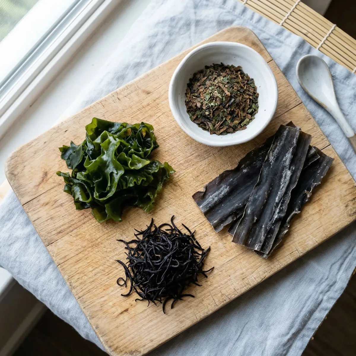 Various types of edible brown seaweed including wakame hijiki and kombu arranged on a wooden surface