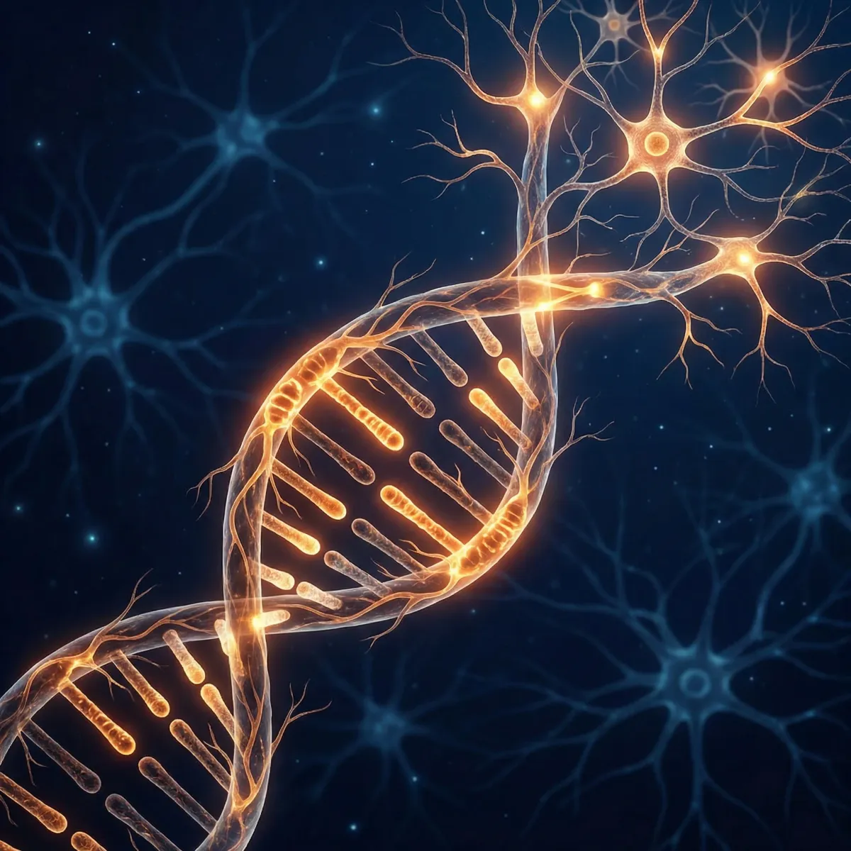 Double helix DNA strand with highlighted gene segments overlaid on a neural network background