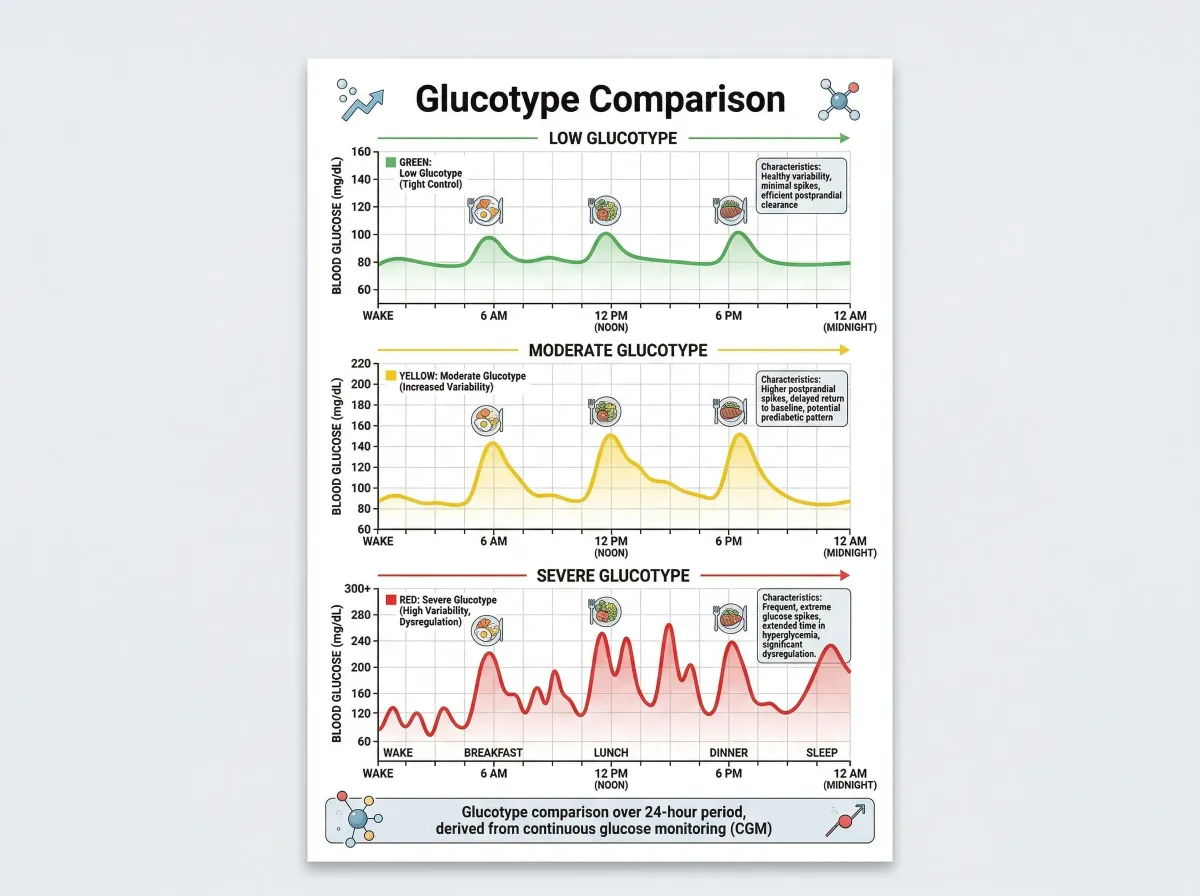 Comparison chart showing glucose patterns across low, moderate, and severe glucotypes over a 24-hour period