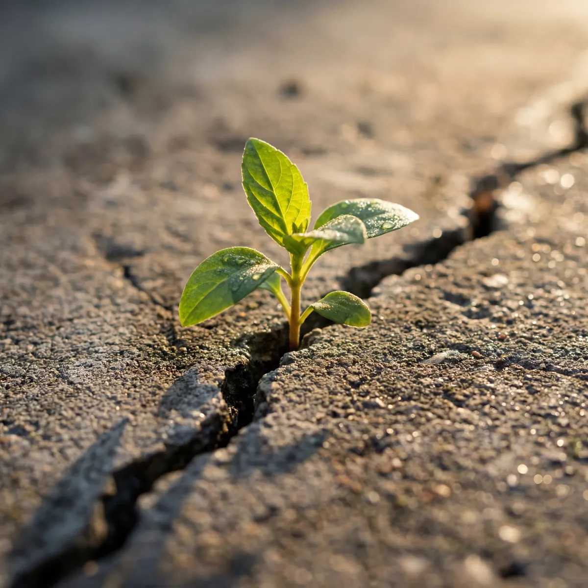 Sprouting plant growing through cracked concrete representing resilience and growth through imperfection