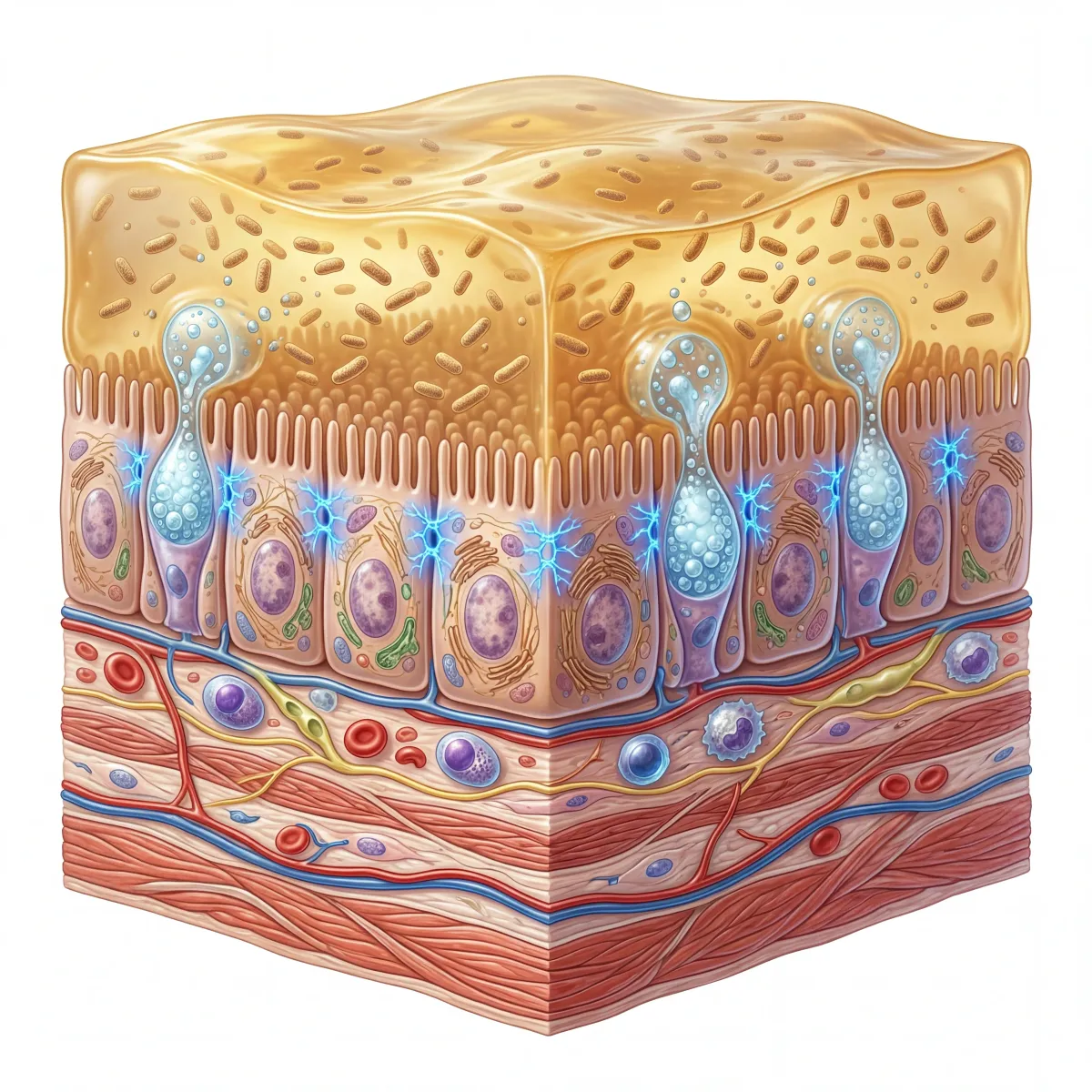 Illustrated cross-section of intestinal wall showing mucus layer renewal cycle with goblet cells and tight junction proteins
