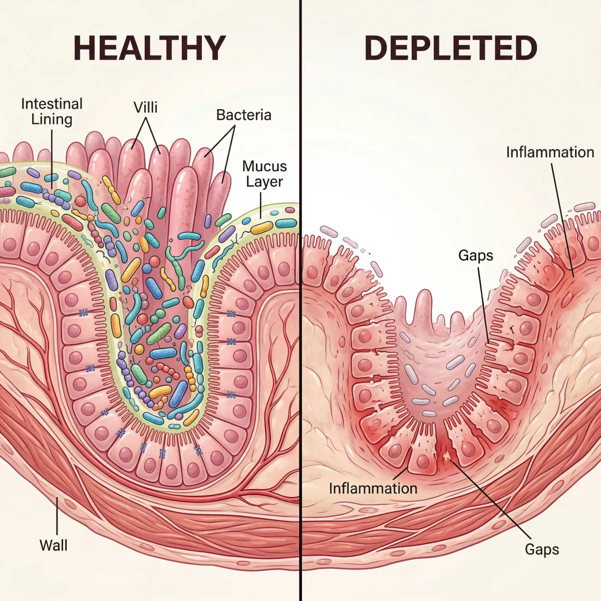 Split comparison illustration showing a thriving diverse gut microbiome on one side and a depleted imbalanced microbiome on the other with labeled health consequences