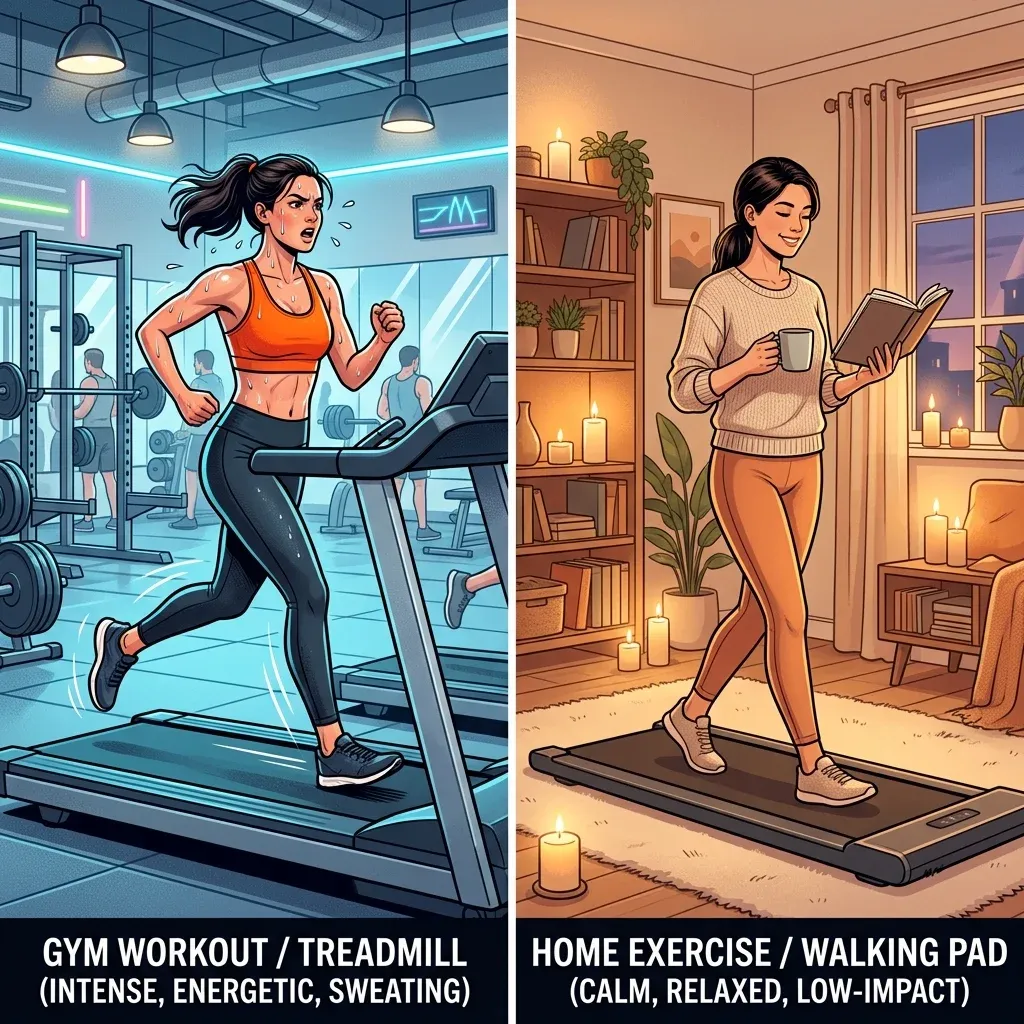 Side-by-side comparison of intense gym cardio versus relaxed home cozy cardio