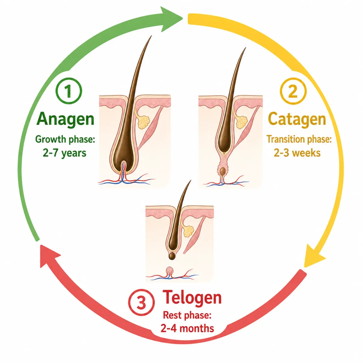 Diagram of the hair growth cycle showing anagen, catagen, and telogen phases with duration labels