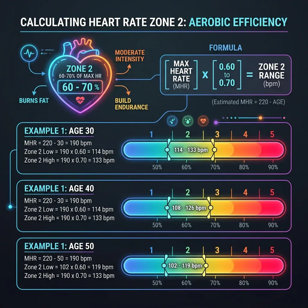 Infographic showing how to calculate zone 2 heart rate range using the 220-minus-age formula with example calculations for ages 30, 40, and 50
