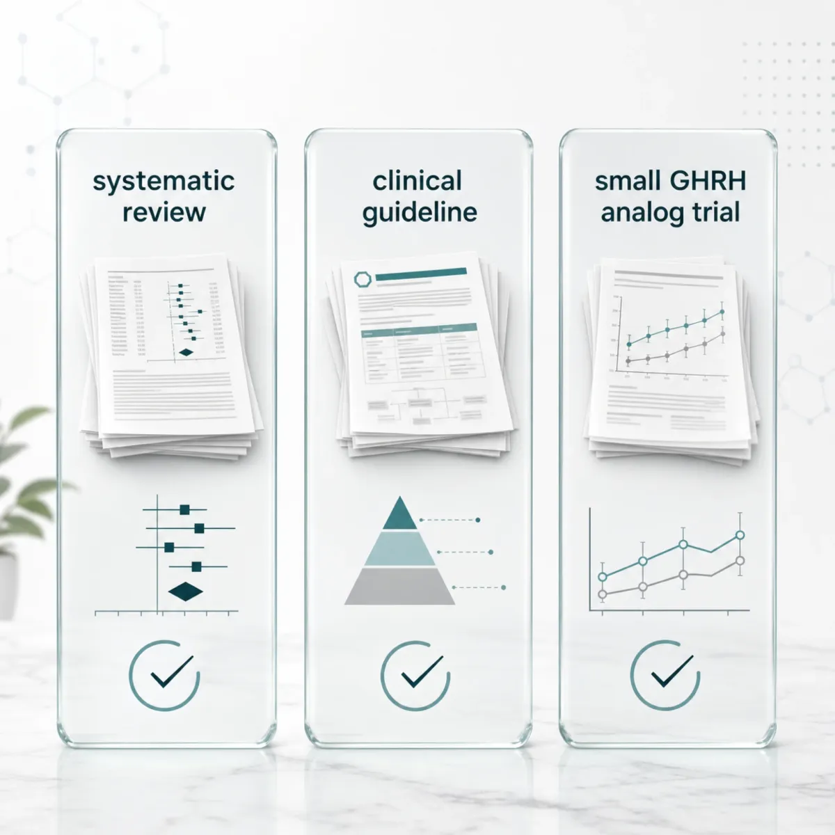 Evidence comparison showing systematic reviews and a small GHRH analog trial