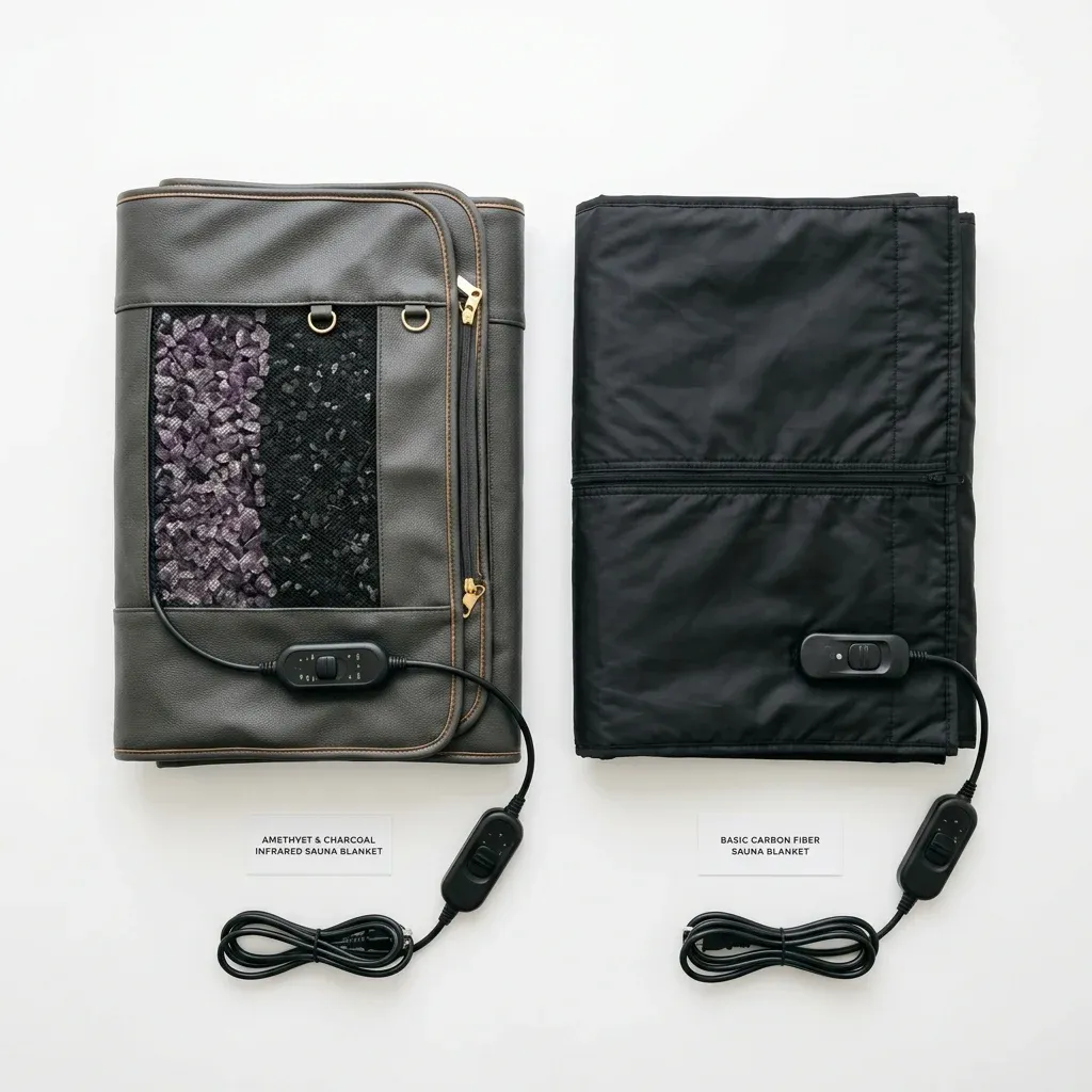 Two sauna blankets compared side by side showing premium multi-layer construction versus simple carbon fiber design