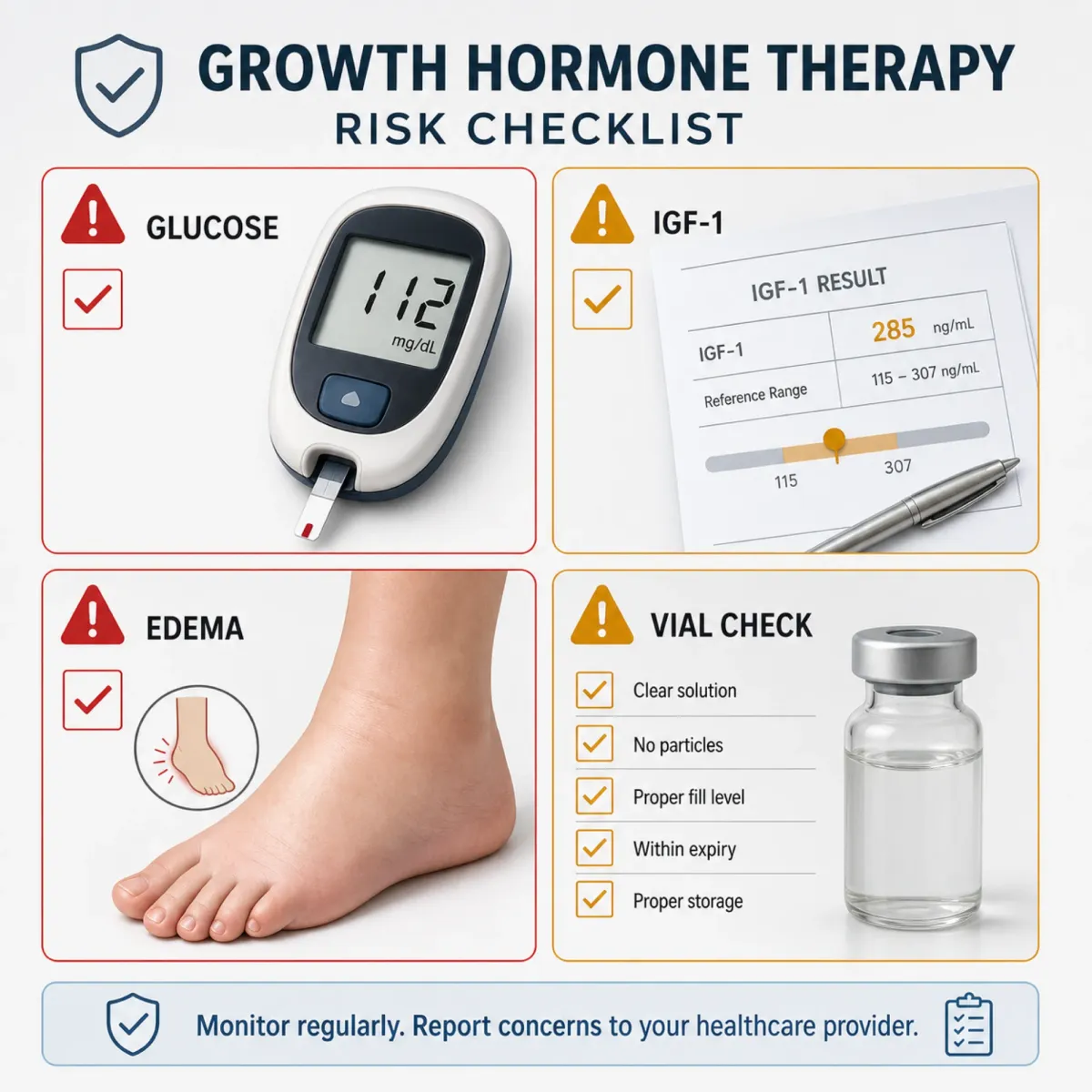 Checklist of monitoring points for growth hormone and peptide therapy
