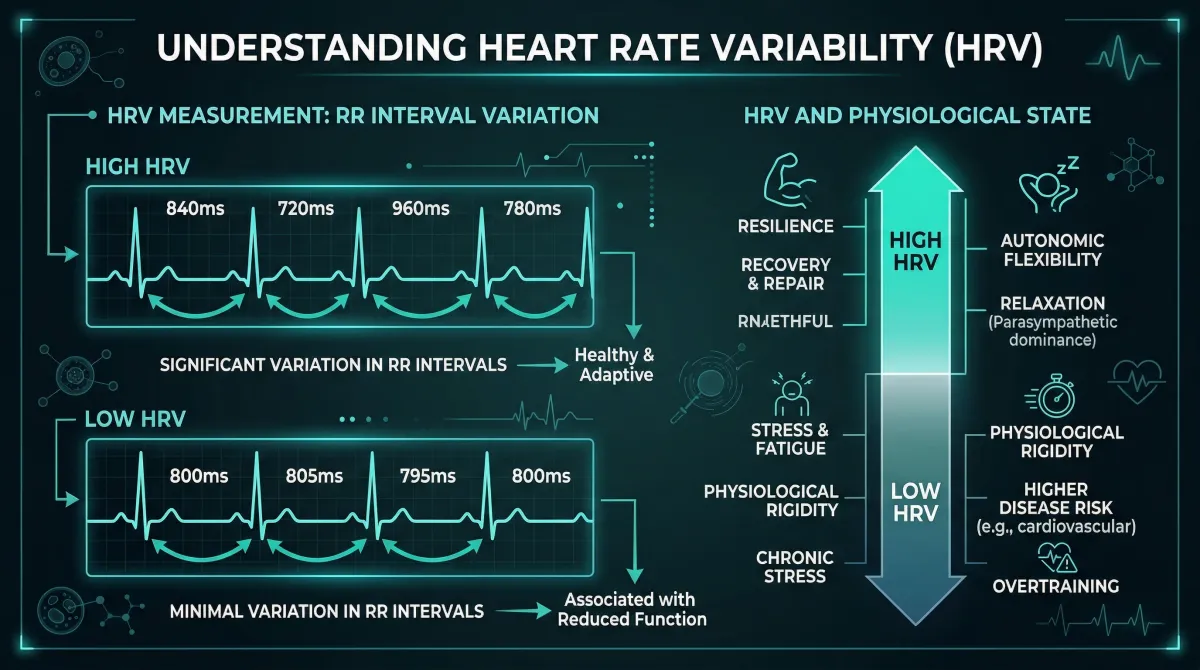 Infographic explaining heart rate variability showing high HRV as healthy variable heartbeat intervals versus low HRV as rigid uniform intervals