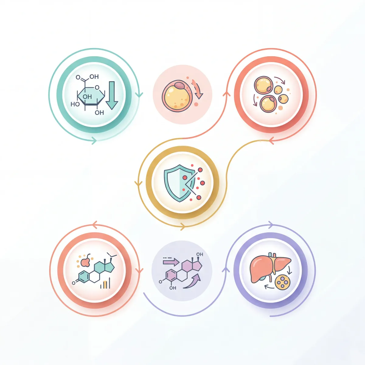 Infographic showing five metabolic pathways influenced by Akkermansia including insulin sensitivity, fat storage, LPS reduction, GLP-1 secretion, and cholesterol metabolism