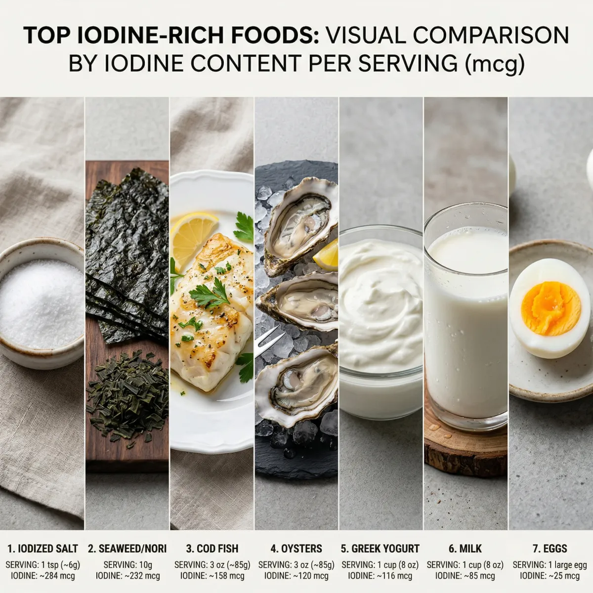 Visual comparison of top iodine-rich foods arranged by iodine content per serving