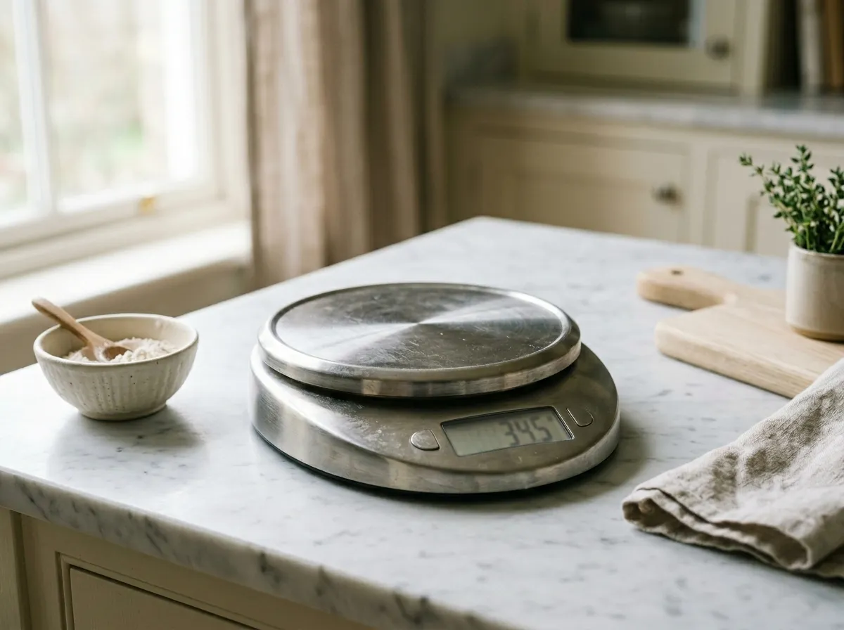A kitchen scale on a marble counter in soft window light