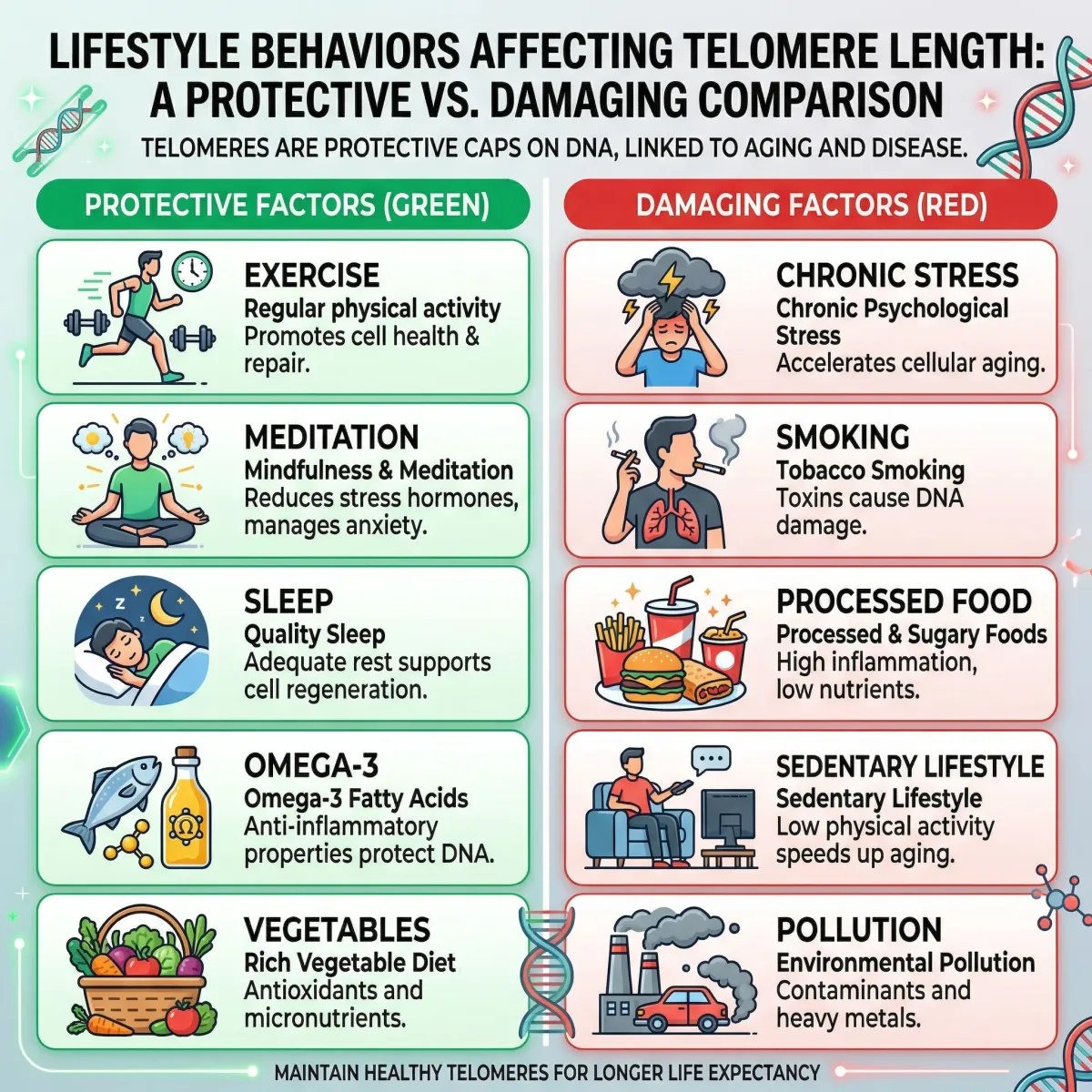 Visual comparison of lifestyle behaviors that protect versus damage telomere length