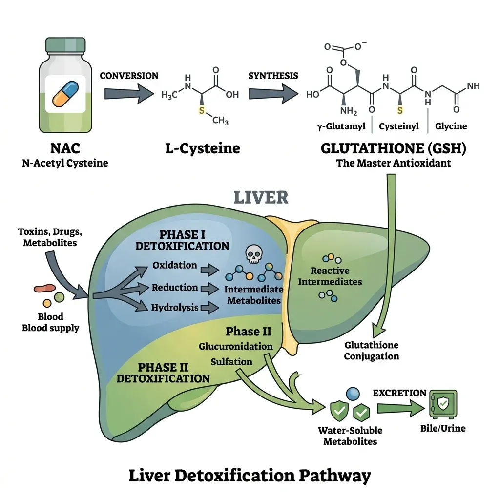 Infographic showing how NAC converts to cysteine and glutathione in the liver detoxification pathway