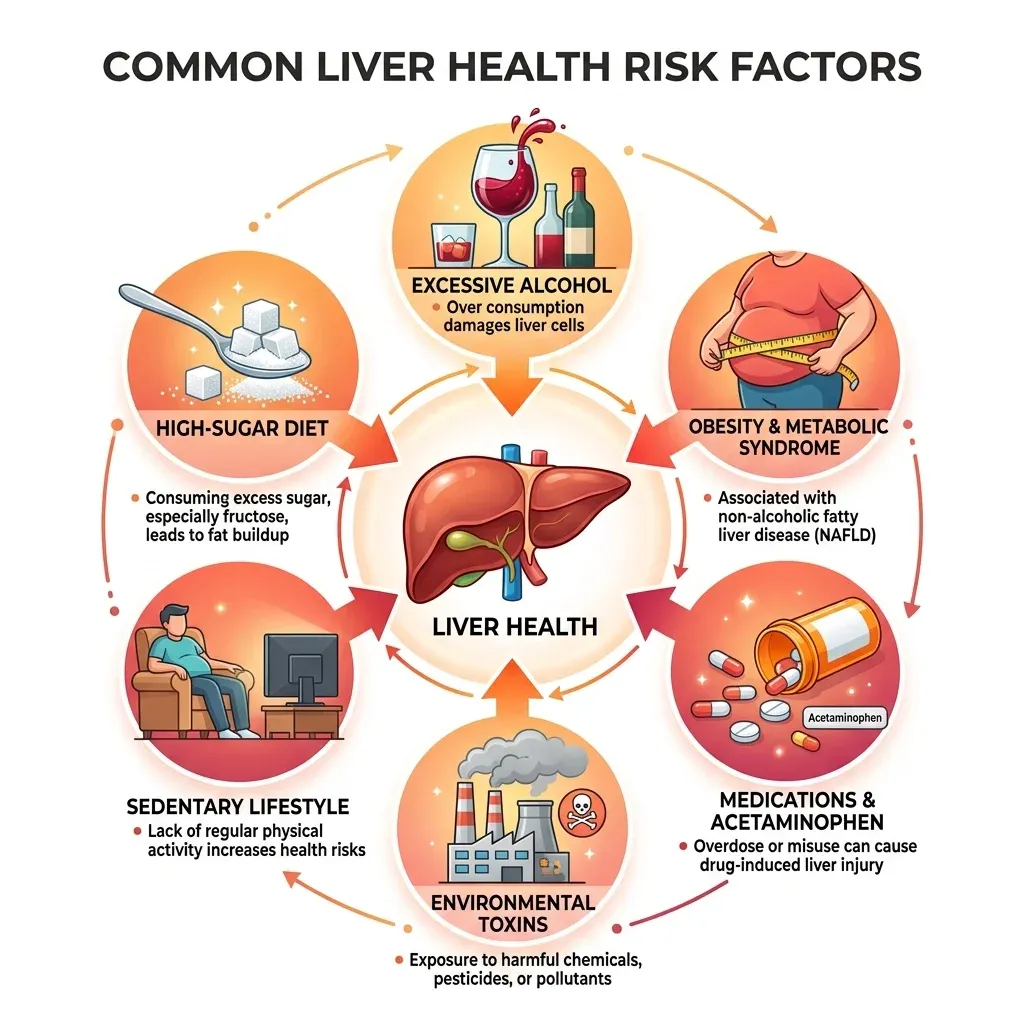 Visual guide showing six common liver health risk factors including alcohol, obesity, medications, and sedentary lifestyle
