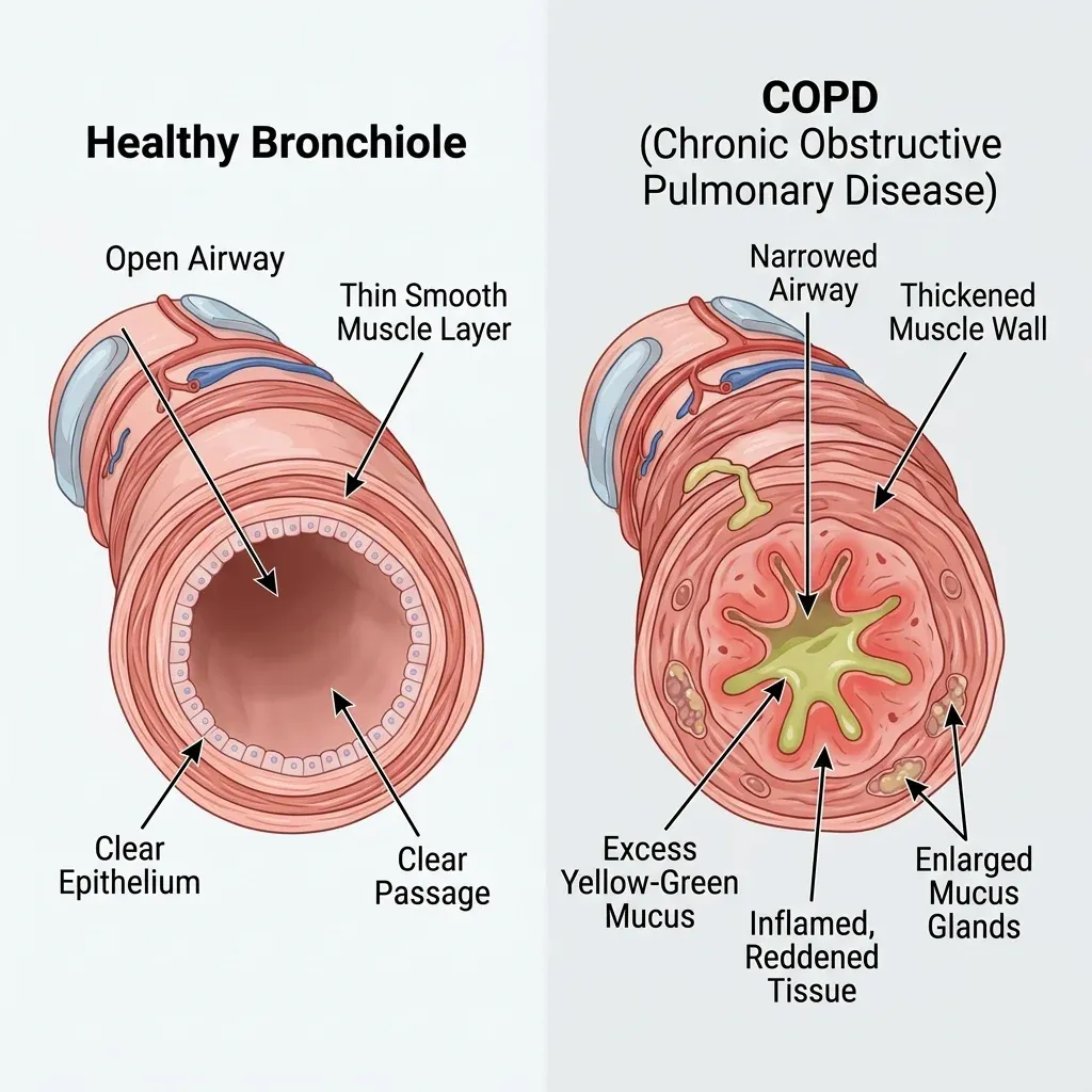 Cross-section illustration comparing healthy bronchial tissue to inflamed COPD tissue with mucus buildup