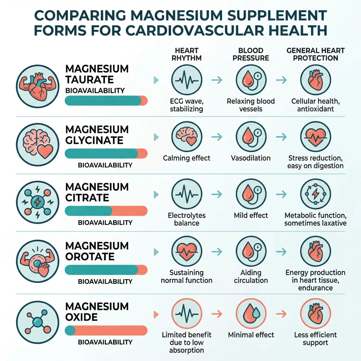 Comparison infographic of magnesium supplement forms showing bioavailability ratings and primary uses for cardiovascular health