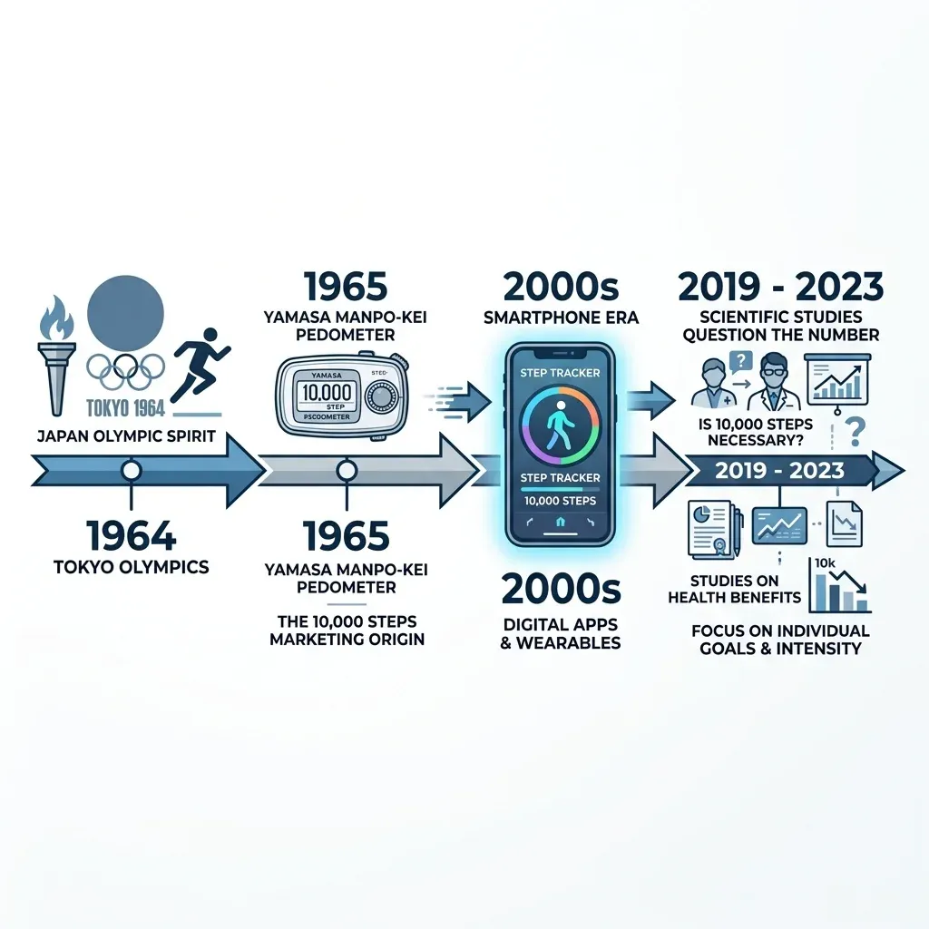 Infographic showing the timeline from 1964 Tokyo Olympics to the modern fitness tracker era and the evolution of the 10,000 steps concept