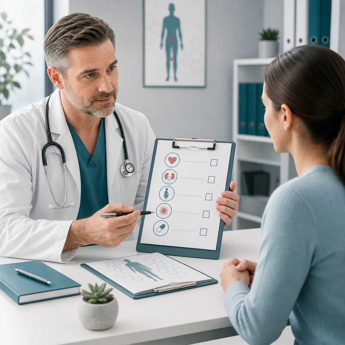 Clinician reviewing medical-history risk factors before peptide use