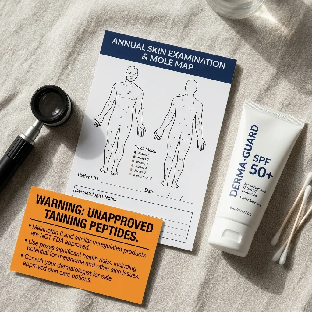 Dermatology mole map and sunscreen beside an unapproved tanning peptide warning