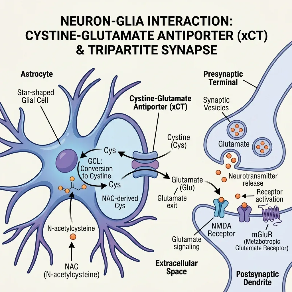 Diagram of the cystine-glutamate antiporter mechanism in brain astrocytes showing NAC's glutamate modulation pathway