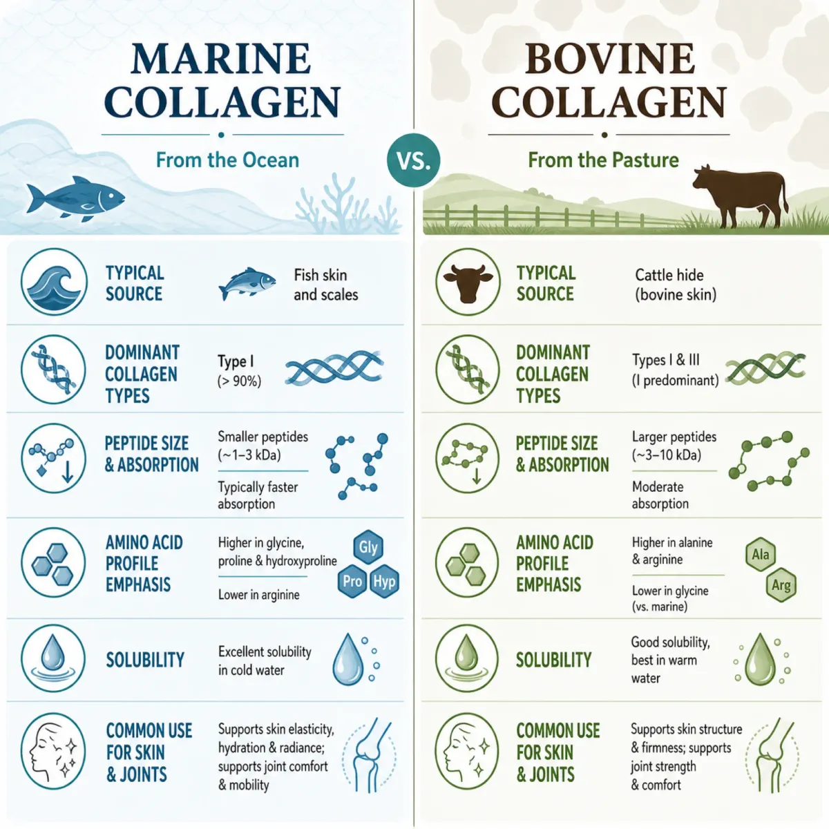 Infographic comparing molecular properties of marine and bovine collagen including collagen types and amino acid profiles