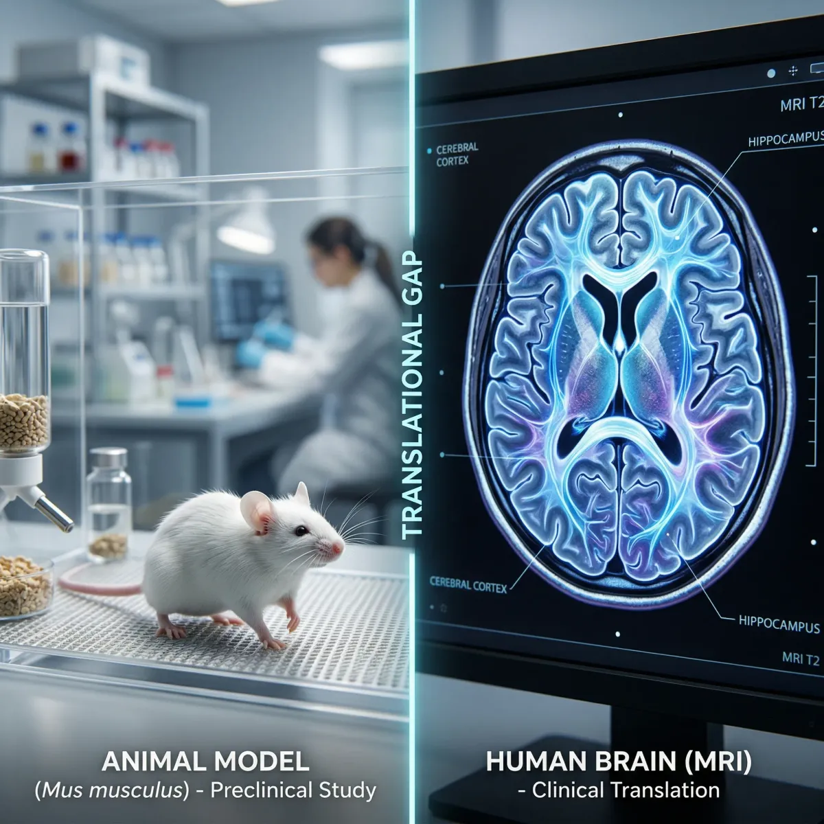Split image showing a laboratory mouse on one side and a human brain scan on the other, representing the gap between animal and human research