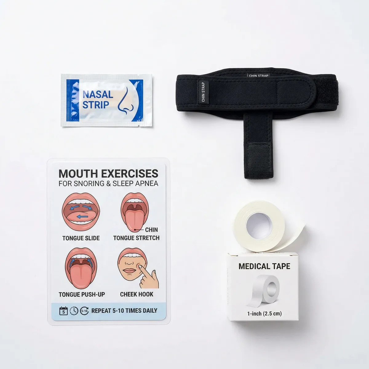 Visual comparison of nasal breathing alternatives including nasal strips, positional therapy, and breathing exercises