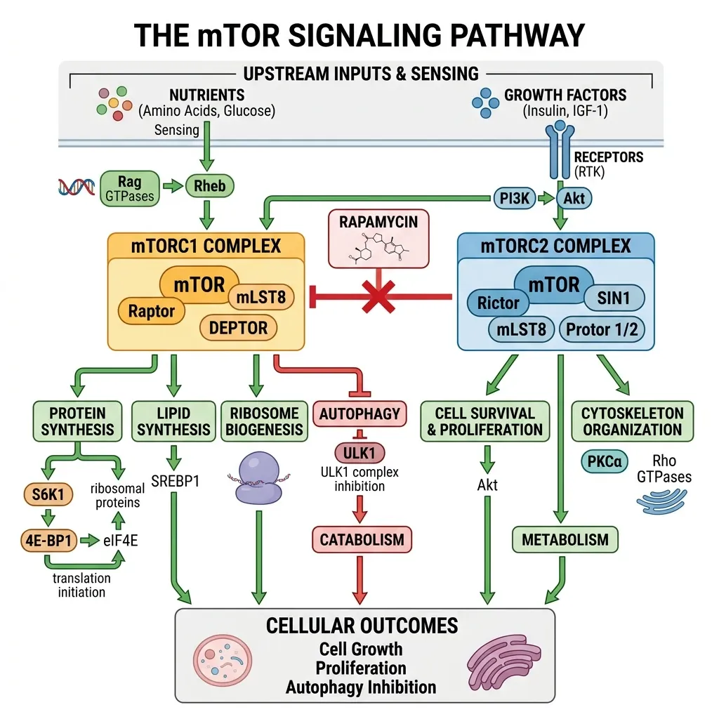 Infographic illustrating the mTOR signaling pathway and how rapamycin inhibits mTORC1
