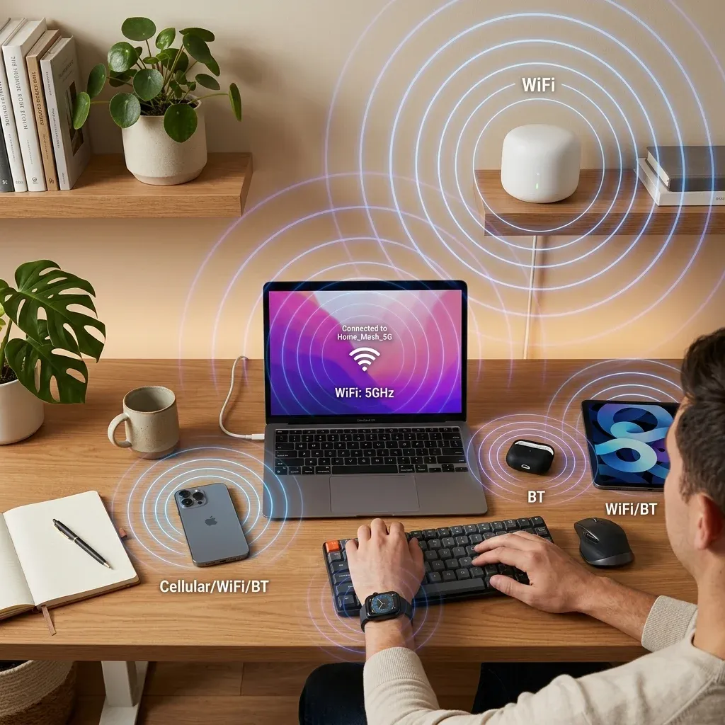 Multiple wireless devices on a desk with overlapping electromagnetic field representations