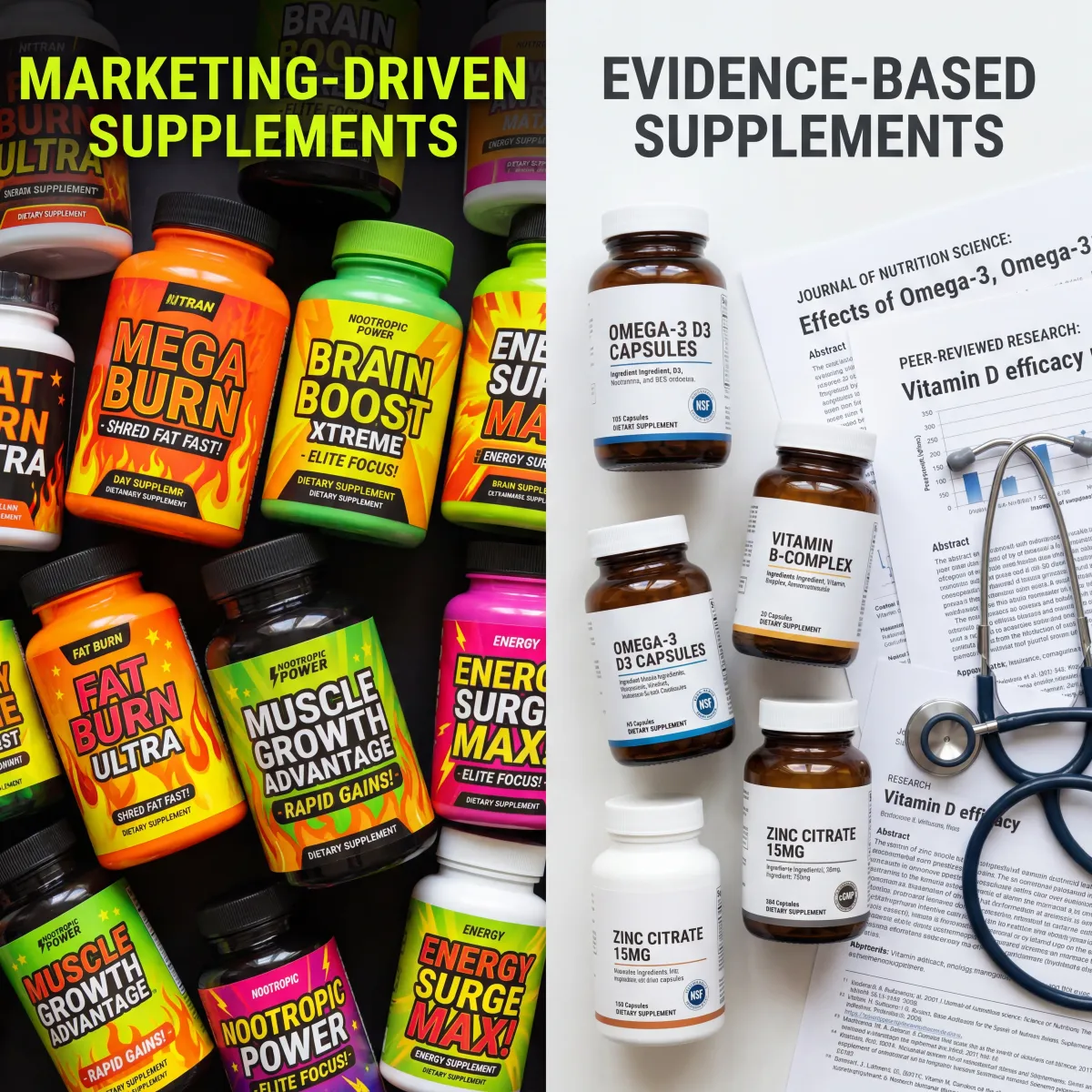 Split image comparing marketing claims on the left with peer-reviewed research findings on the right about GLP-1 supplements