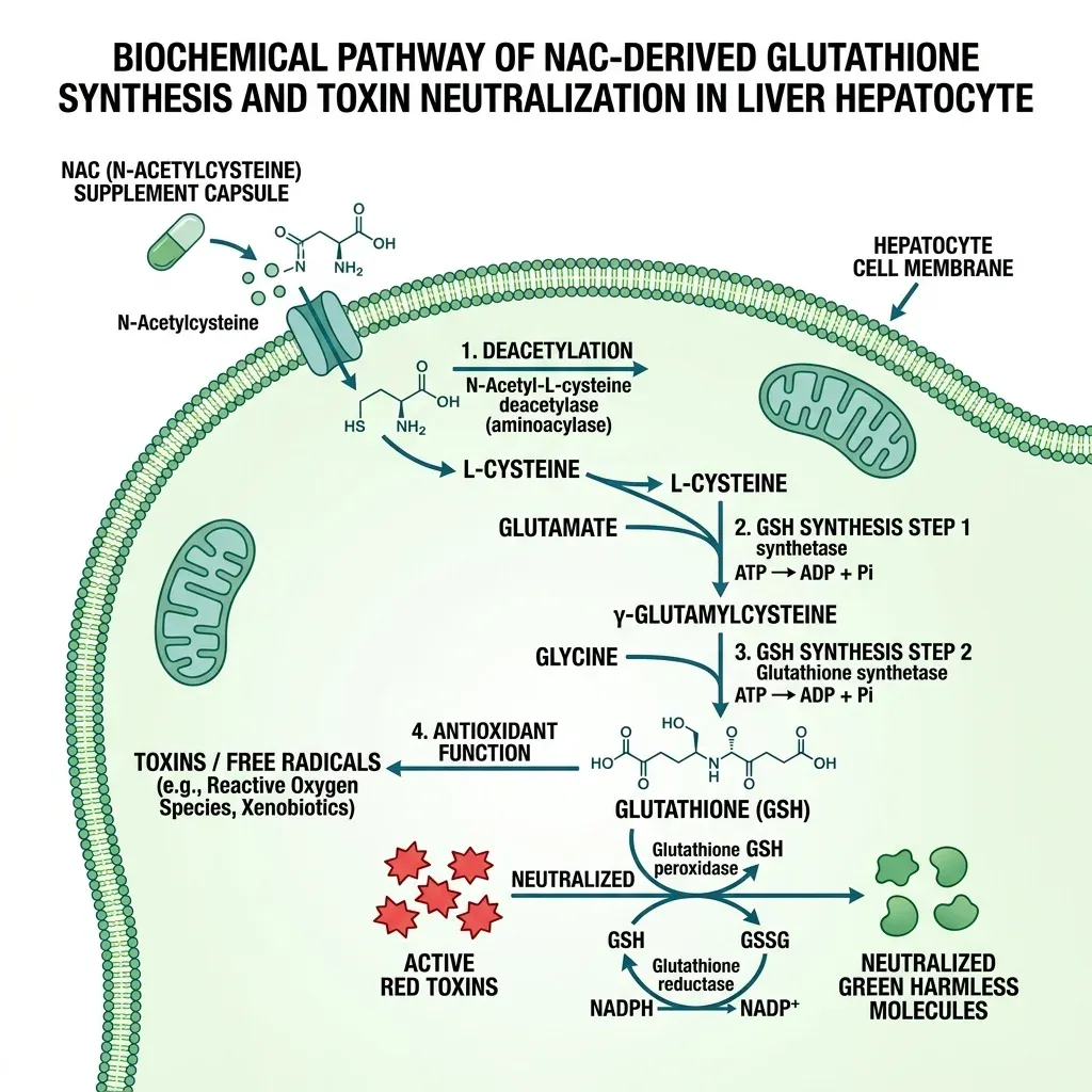 Diagram showing how NAC converts to cysteine then glutathione to neutralize liver toxins