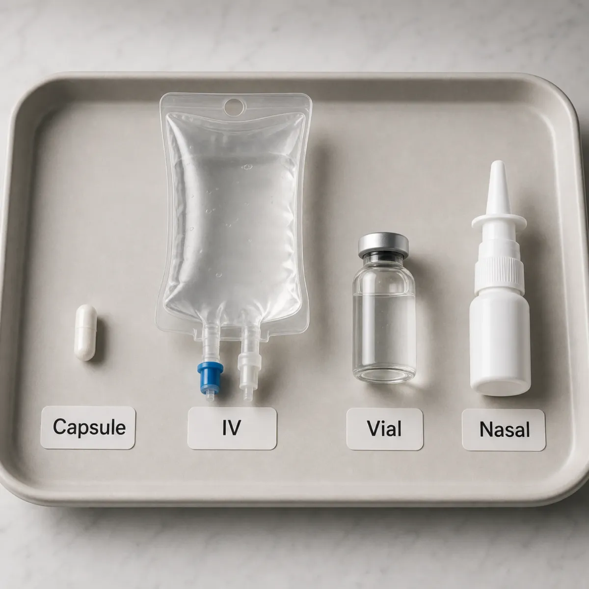 Capsule, IV bag, vial, and nasal spray arranged as NAD+ delivery route examples