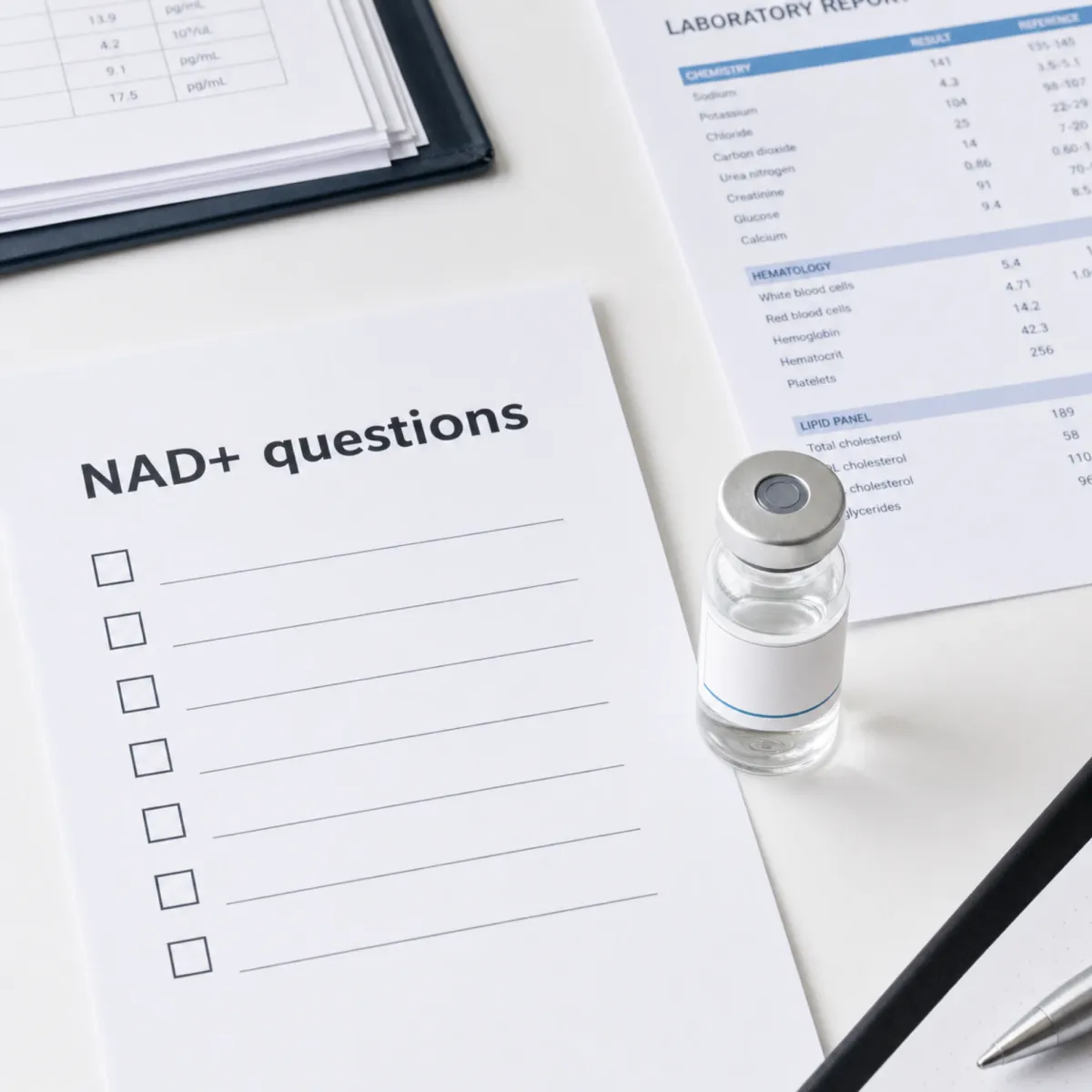 Checklist of safety questions beside an unopened NAD+ vial and lab paperwork