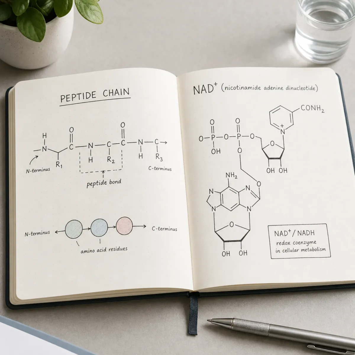 Notebook comparing a peptide chain diagram with an NAD+ coenzyme diagram